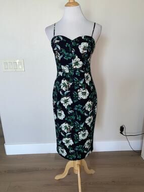 Black Halo Clover Floral Print Spaghetti Strap Sheath Dress Black Green Size 4